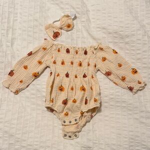 Pumpkin Print Fall Kids One Piece Bubble Sweater with Bow
